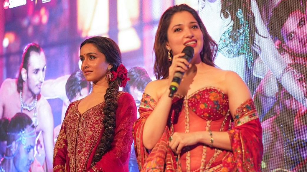 Tamannaah speaks as Shraddha looks on during the ‘Aaj Ki Raat’ song launch, in Mumbai.