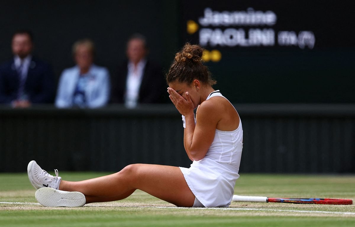 Italy's Jasmine Paolini reacts during the WImbledon final against Czech Republic's Barbora Krejcikova, July 13, 2024.