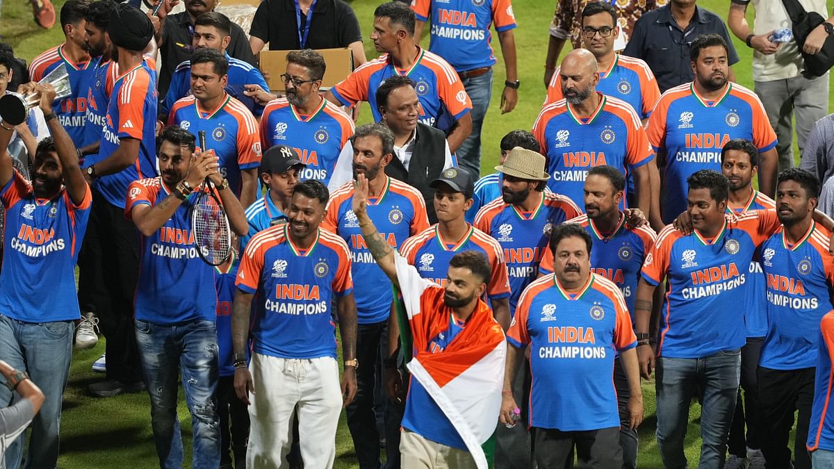 The T20 World Cup-winning Indian cricket team’s Virat Kohli, Hardik Pandya, Yashasvi Jaiswal and others take a victory lap during a felicitation ceremony at the Wankhede Stadium, in Mumbai.