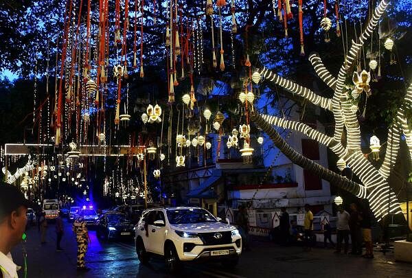 Industrialist Mukesh Ambani's private residence lit up ahead of his son Anant Ambani's wedding with Radhika Merchant at Altamount Road, Cumballa Hill in Mumbai on July 10, 2024.