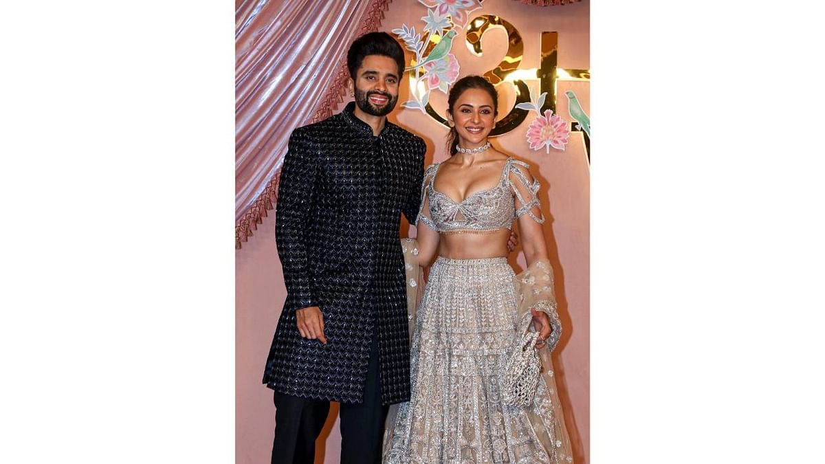 Jackky Bhagnani and Rakul Preet pose together as they arrive for Anant Ambani and Radhika Merchant's Sangeet ceremony, held at Nita Mukesh Ambani Cultural Centre in Mumbai.