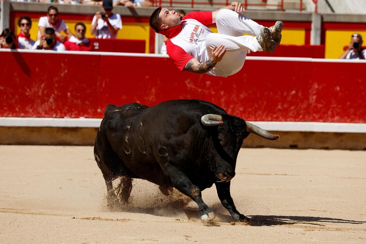 A recortador jumps over a fighting bull during a contest at the San Fermin festival in Pamplona, Spain. 