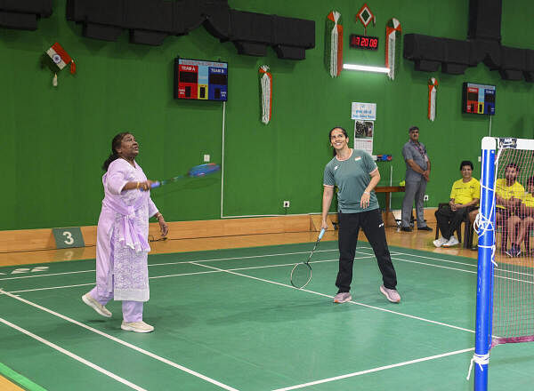 President Droupadi Murmu plays badminton with Saina Nehwal at the Badminton Court in Rashtrapati Bhavan in New Delhi on July 10, 2024. 