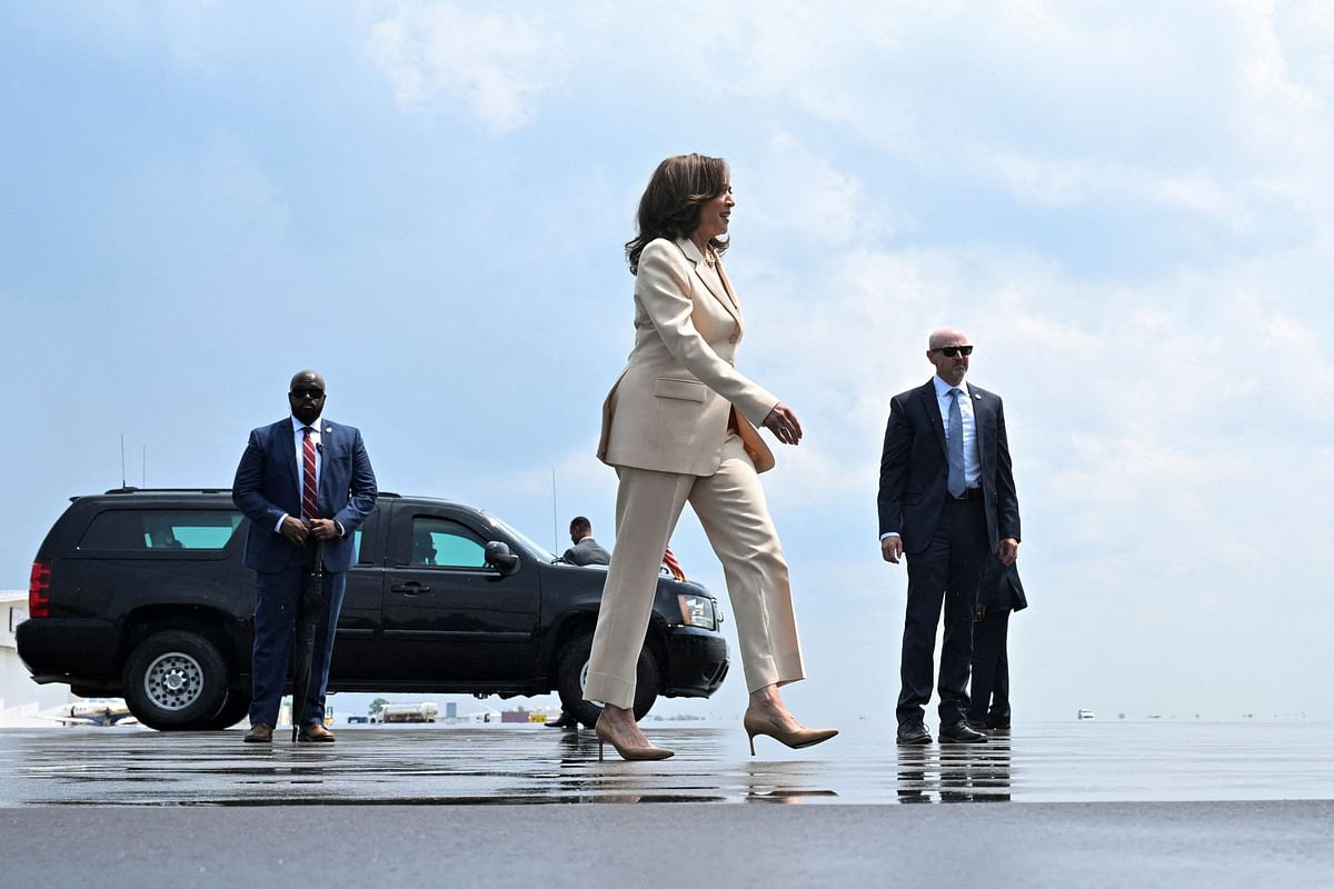 US Vice President Kamala Harris walks to board Air Force Two at Indianapolis International Airport in Indianapolis, Indiana.