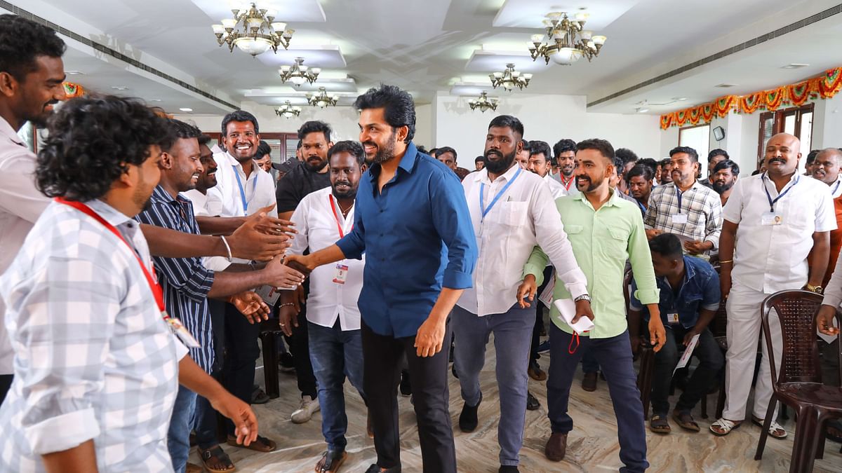 Karthi greets his fans during a meet-and-greet event in Chennai.