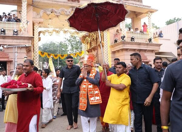 Gujarat Chief Minister Bhupendra Patel during the inauguration ceremony of the annual 'Rath Yatra' of Lord Jagannath, at the Jagannath Temple in Ahmedabad, Sunday on July 7, 2024.