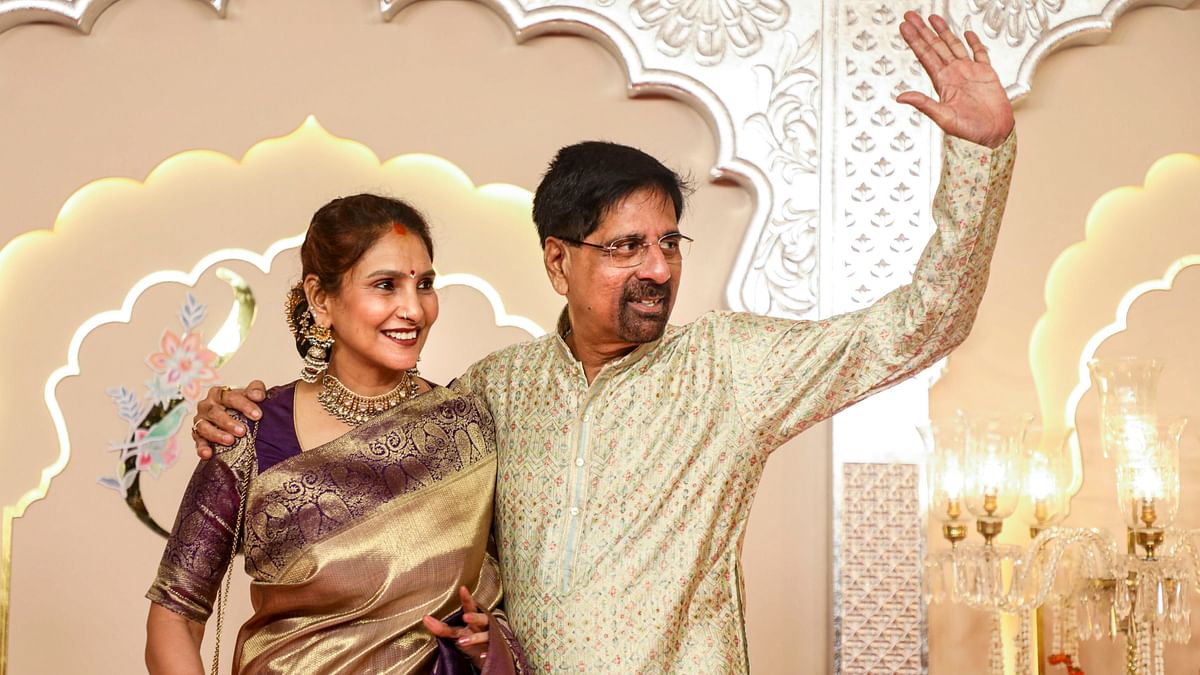 Former cricketer K. Srikkanth with his wife Vidya Srikanth upon his arrival to attend Anant Ambani and Radhika Merchant's wedding, in Mumbai.