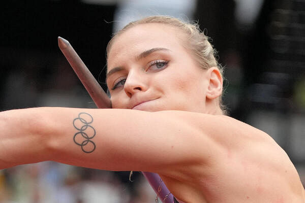 An Olympic rings tattoo on the left bicep of women's javelin thrower Victoria Hudson (AUT) during the London Athletics Meet at London Stadium.