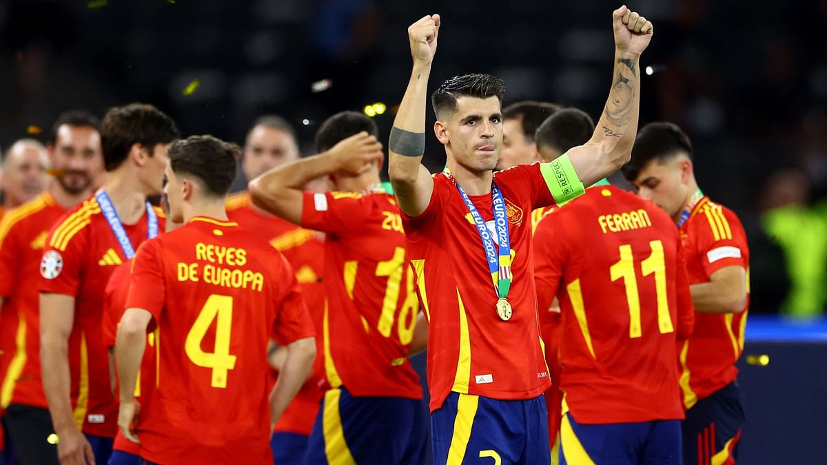 Spain's players  after winning the final match between Spain and England at the Euro 2024 soccer tournament in Berlin, Germany.