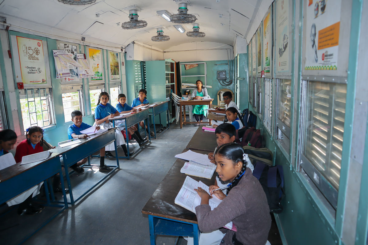 Mysuru Karnataka India-January 24 2024; A Train Coach of Indian railways has been converted into a classroom for teaching students from economically poor section by the Karnataka government at Mysore India.