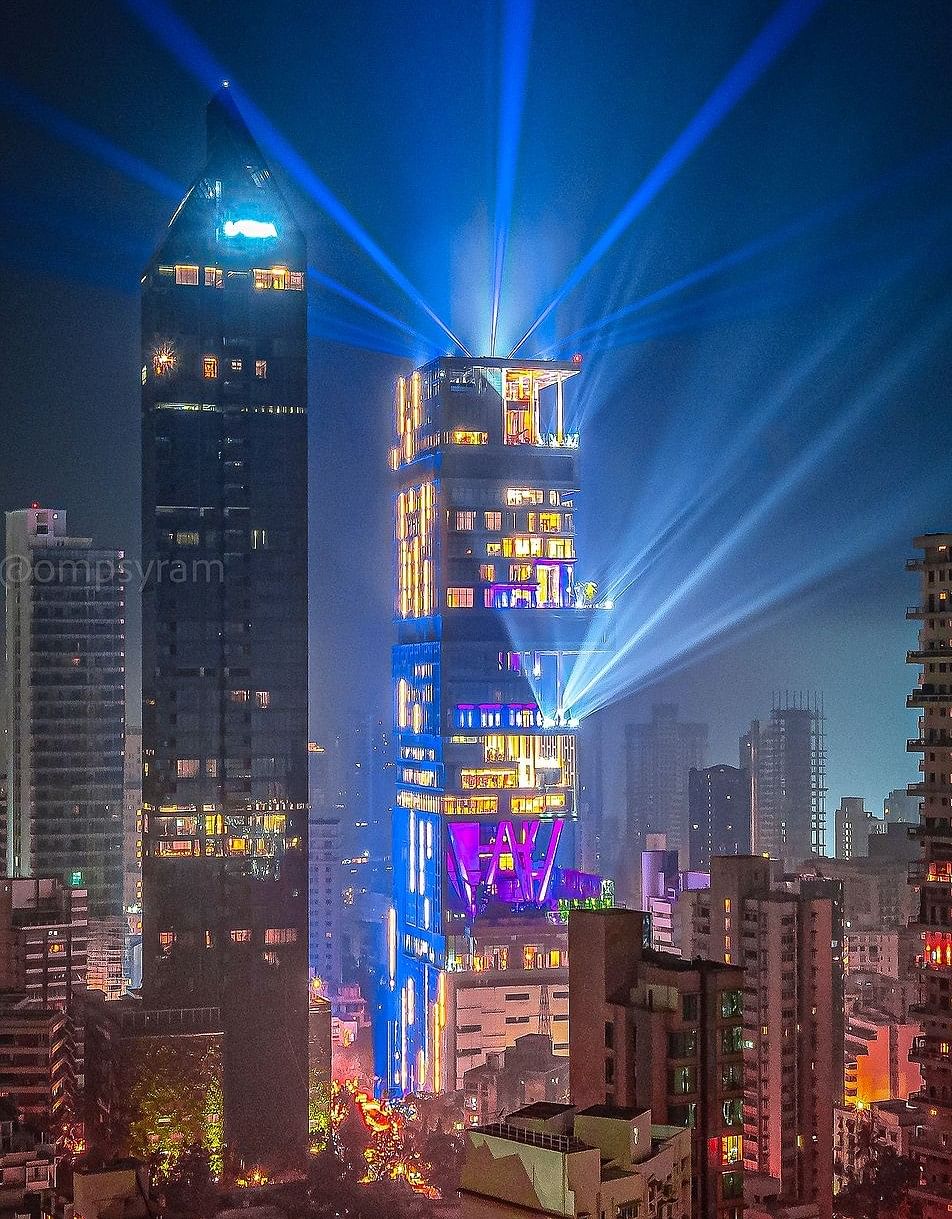  The 27-storey skyscraper on Mumbai’s Altamount Road has been adorned with intricate light displays and decorations, creating a festive atmosphere that can be seen from miles away.