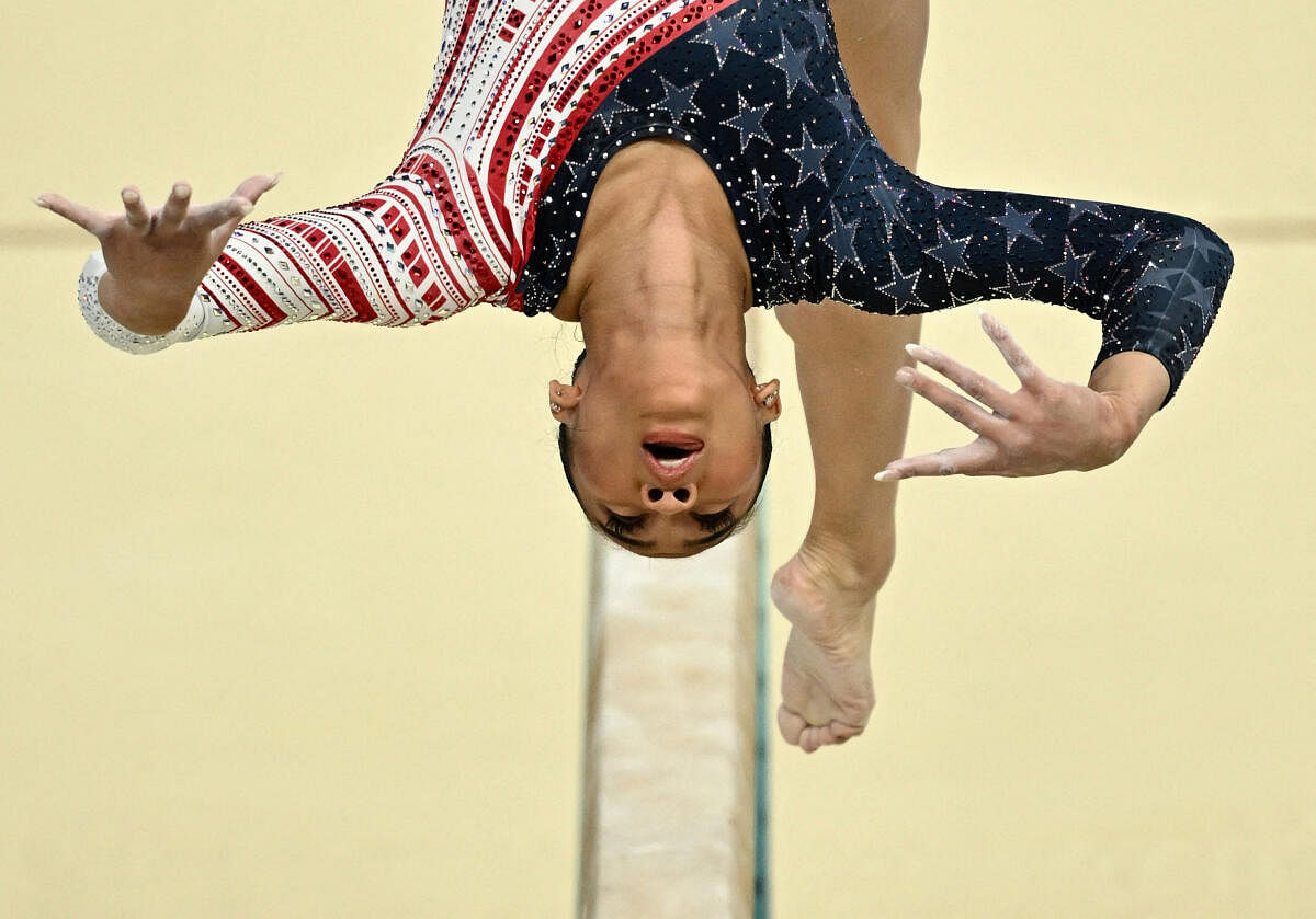 Artistic Gymnastics - Women's Team Final - Bercy Arena, Paris, France - July 30, 2024. Sunisa Lee of United States in action on the Balance Beam.