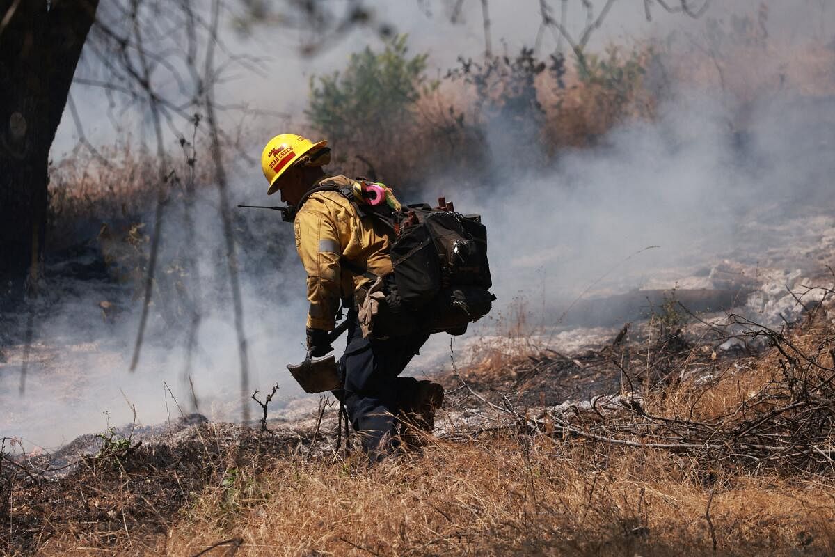 A Cal Fire fireman works a hot spot as the French Fire approaches Mariposa, California.