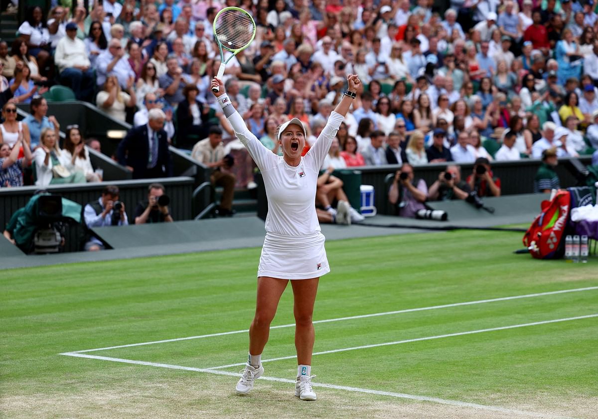 Czech Republic's Barbora Krejcikova celebrates after winning her semi final match against Kazakhstan's Elena Rybakina at Wimbledon, July 11, 2024.