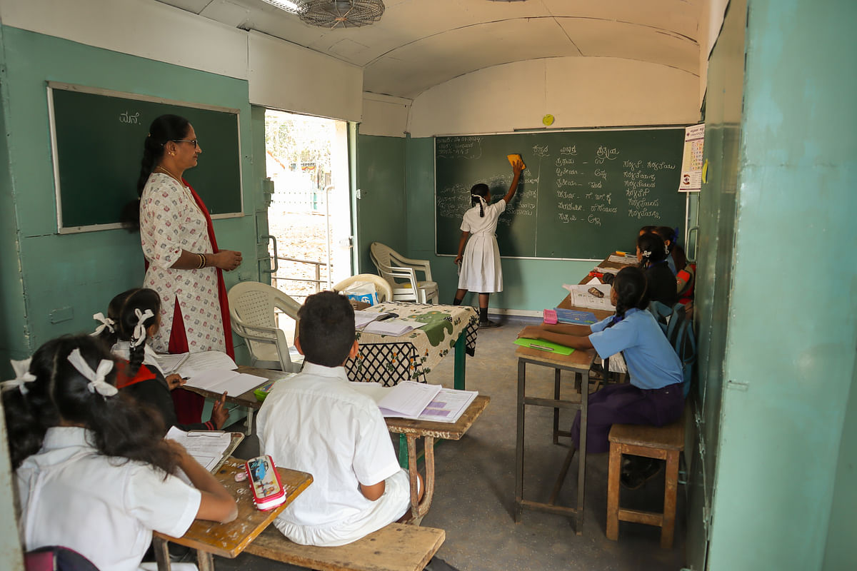 Mysuru Karnataka India-January 24 2024; A Train Coach of Indian railways has been converted into a classroom for teaching students from economically poor section by the Karnataka government at Mysore India.