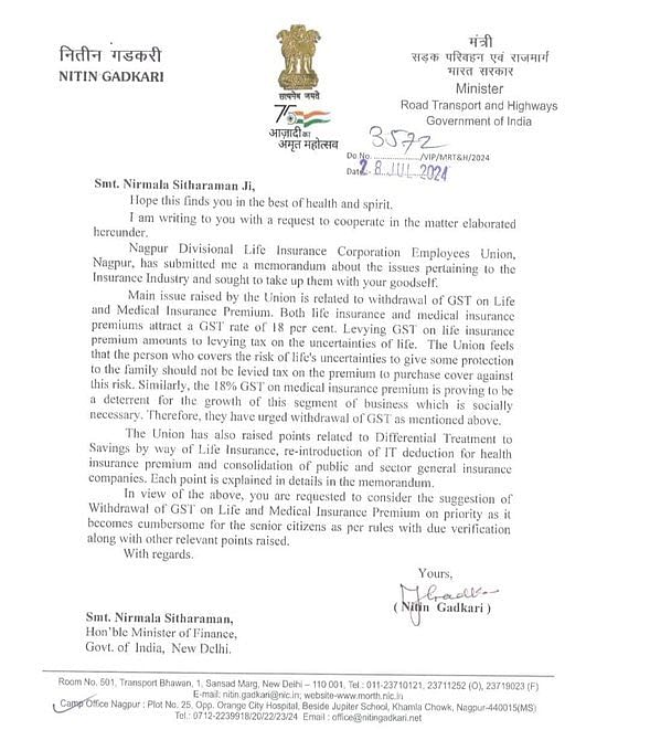 Letter from Gadkari to FM