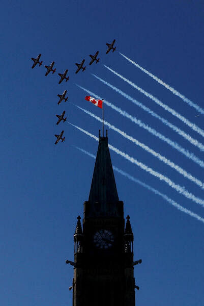 Canadian Forces Snowbirds fly over during Canada Day celebrations at Parliament Hill in Ottawa, Ontario, Canada July 1, 2024.