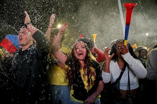 Fans react to the Copa America semi-final match between Colombia and Uruguay at Parque de la 93 in Bogota, Colombia on July 10, 2024.