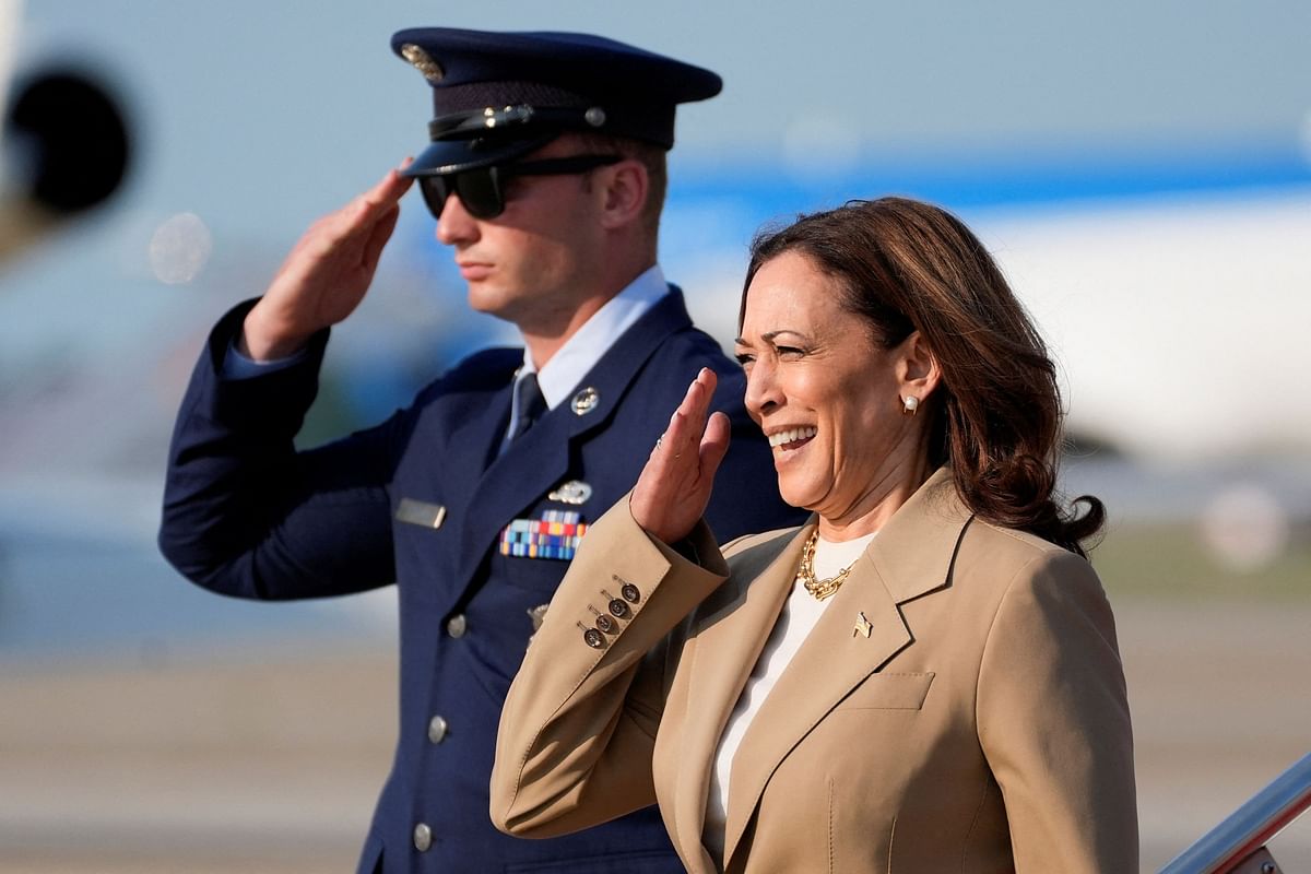 US Vice President Kamala Harris salutes upon arrival at Joint Base Andrews in Maryland, July 27, 2024.