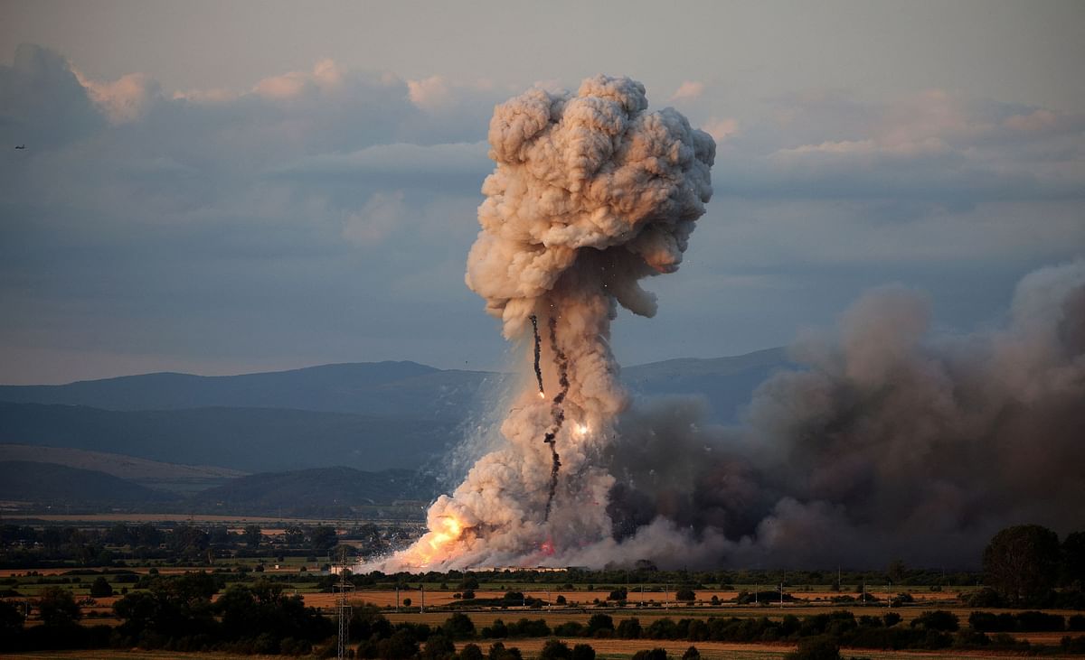 An explosion is pictured at a fireworks warehouse in the town of Elin Pelin, near Sofia, Bulgaria.