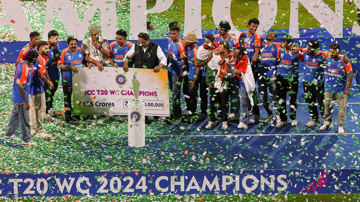The Indian cricket team receives a cheque of Rs 125 crore from the BCCI officials as prize money for winning the T20 World Cup 2024 marking the end of the ceremony at Wankhede Stadium in Mumbai.