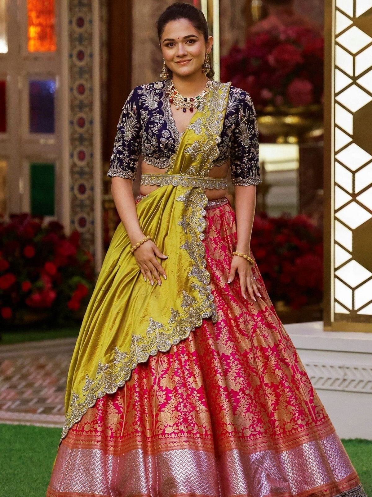 Radhika Merchant's sister Anjali Merchant poses for pictures during the Haldi function of Anant Ambani and Radhika Merchant, at Antilia in Mumbai.