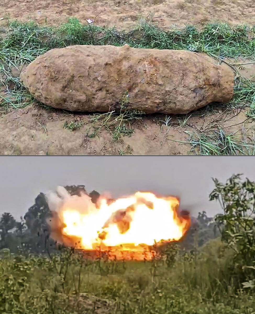 An unexploded World War-II bomb (above) after being discovered in an open field, which was later defused (below), in Jhargram district.