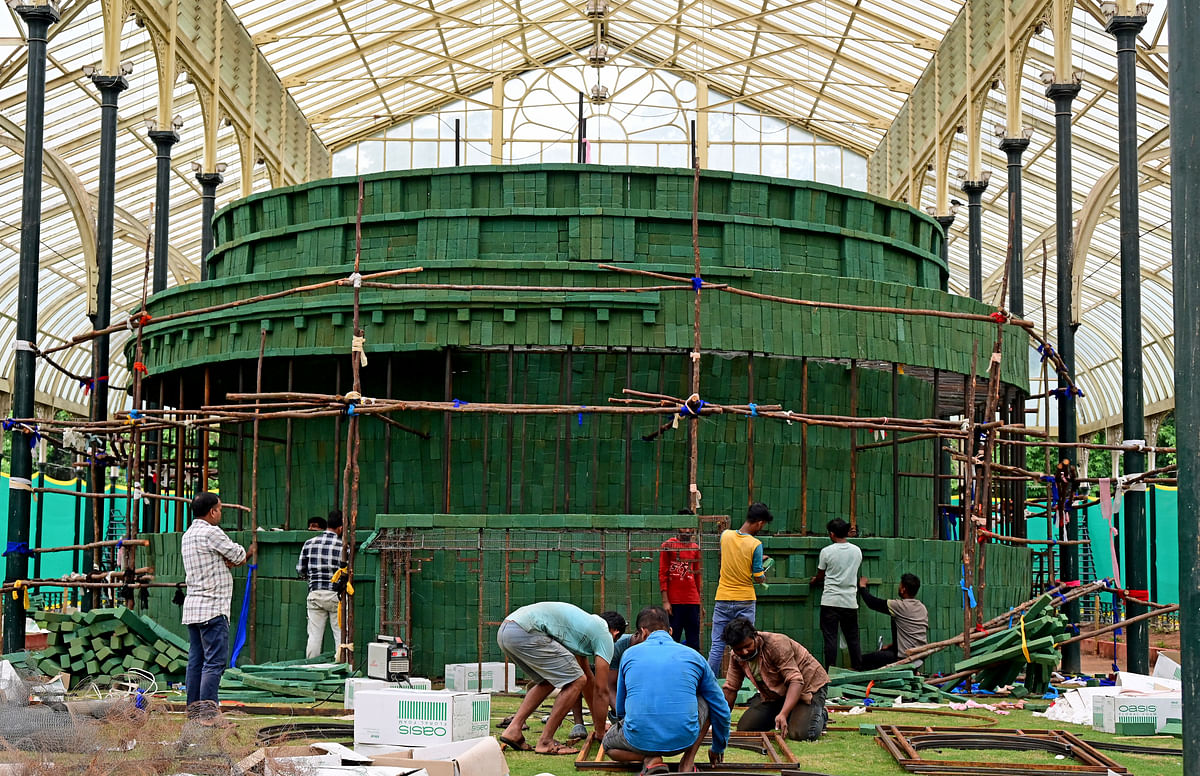 Preparations underway for the Independence Day flower show at Lalbagh. Over 80 artists and workers have been at work since July 29. 