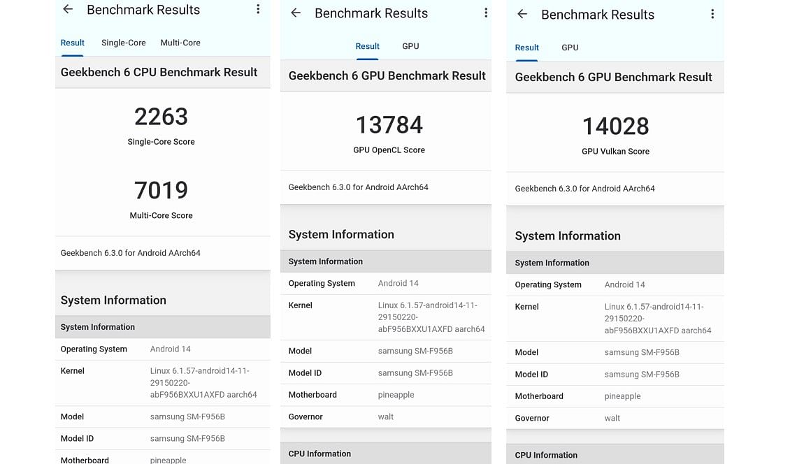 Samsung Galaxy Z Fold6's CPU and GPU performance score on Geekbench 6.0 testing application.