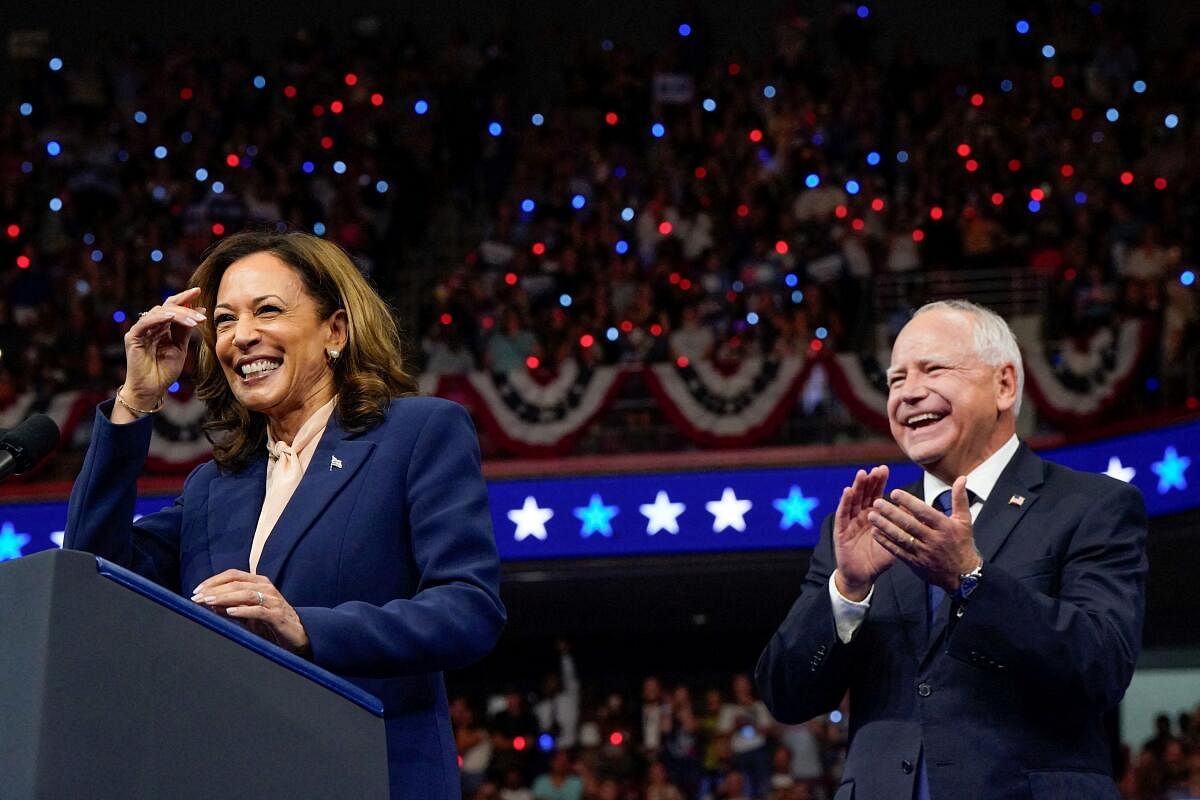 US Vice President and Democratic presidential candidate Kamala Harris holds a campaign rally with her newly chosen vice presidential running mate Minnesota Governor Tim Walz in Philadelphia, Pennsylvania, US, August 6, 2024.