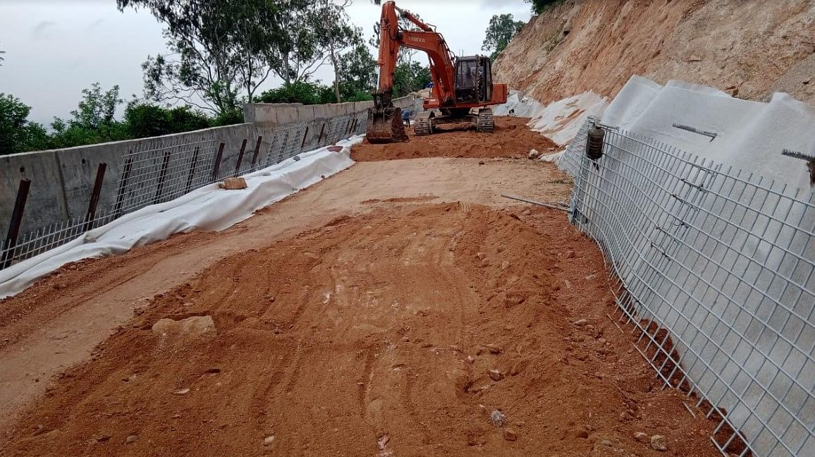 Restoration work underway on the road leading to Nandi Statue on Chamundi Hill, in Mysuru.  