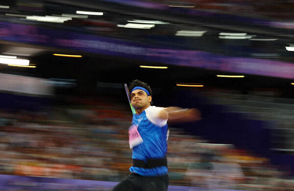 Men's Javelin Throw Final - Stade de France, Saint-Denis, France - August 08, 2024. Neeraj Chopra of India in action