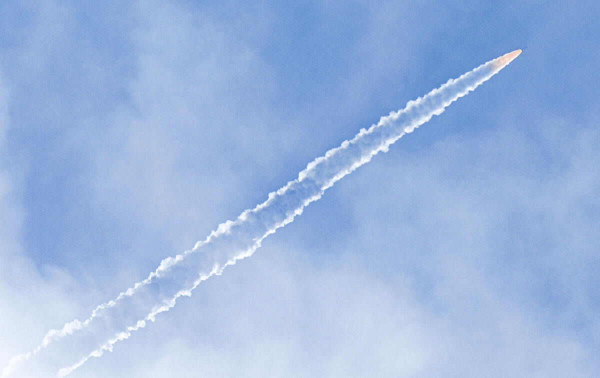 ISRO's Small Satellite Launch Vehicle-03 (SSLV-D3) carrying Earth Observation Satellite (EOS-08) leaves a trail of smoke after it lifted off from the Satish Dhawan Space Centre, in Sriharikota.