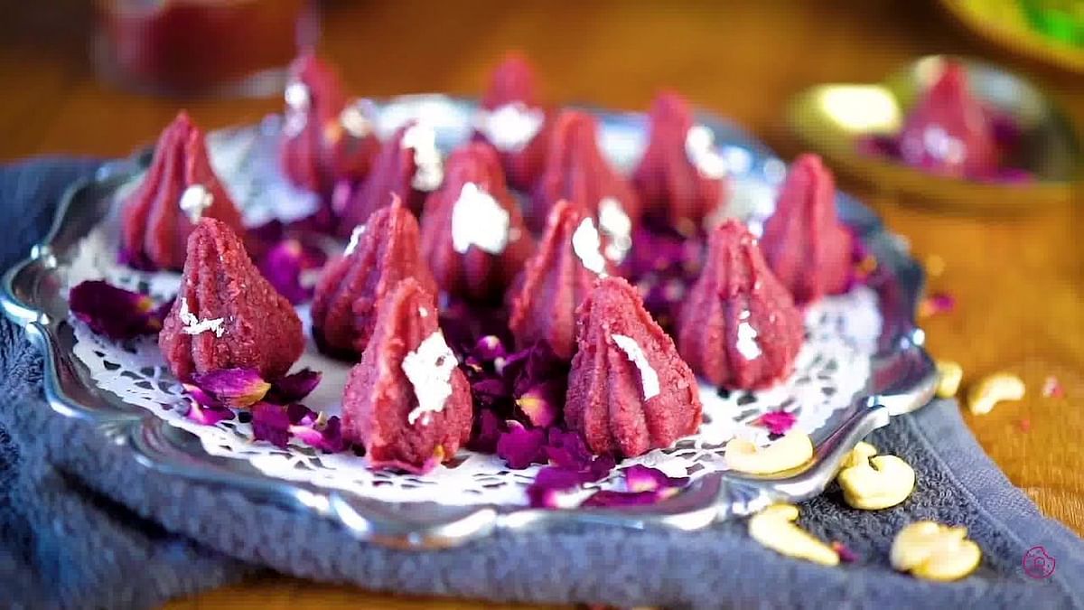 Modak,  is a sweet, iconic Indian dumpling, made with rose and pistachio is a delectable dish and is easy to prepare for the festival.