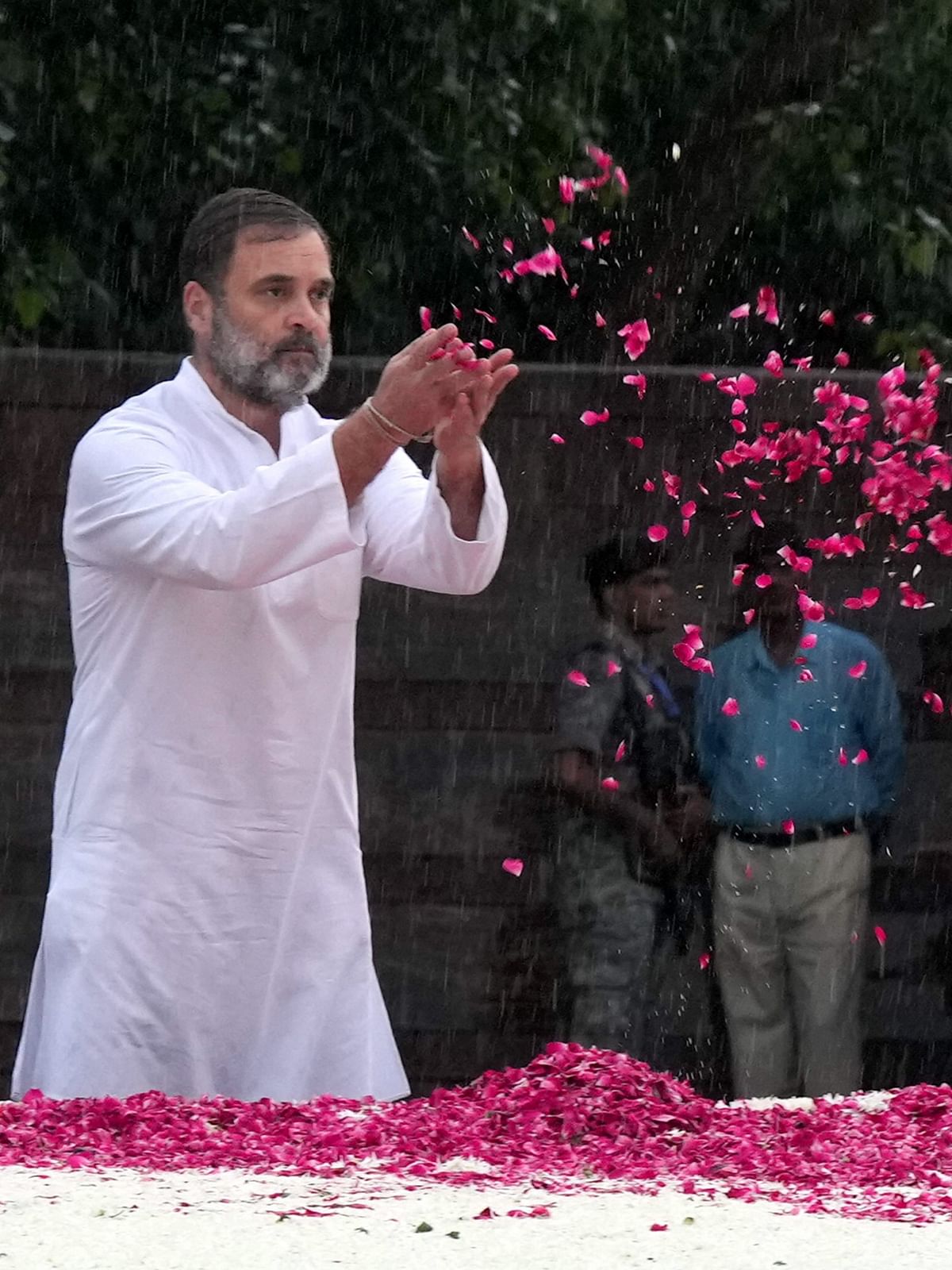 Congress leader Rahul Gandhi pays tribute to former prime minister Rajiv Gandhi on his birth anniversary at Veer Bhumi in New Delhi.