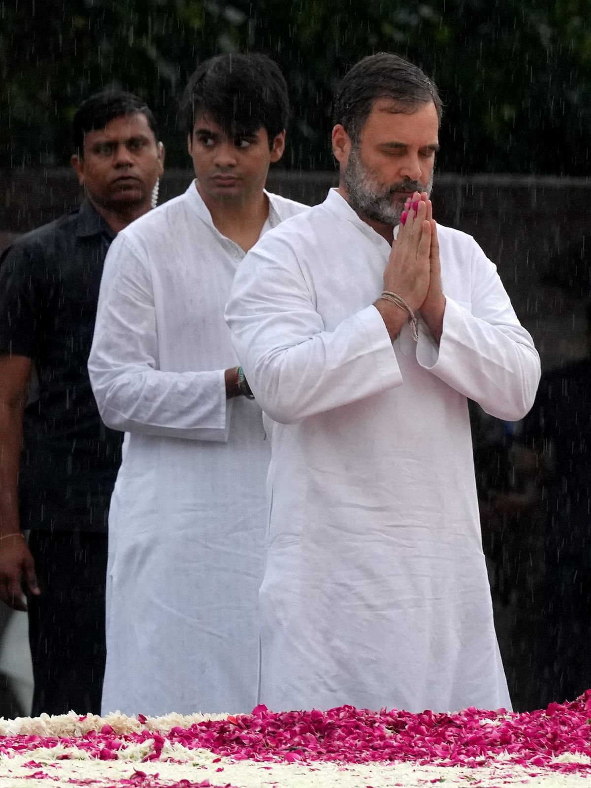 Congress leader Rahul Gandhi pays tribute to former prime minister Rajiv Gandhi on his birth anniversary at Veer Bhumi in New Delhi.