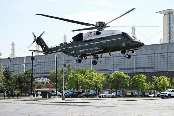 The new Marine One helicopter, the VH-92A Patriot, carrying President Joe Biden, lands in the landing zone at Soldier Field in Chicago, US.  