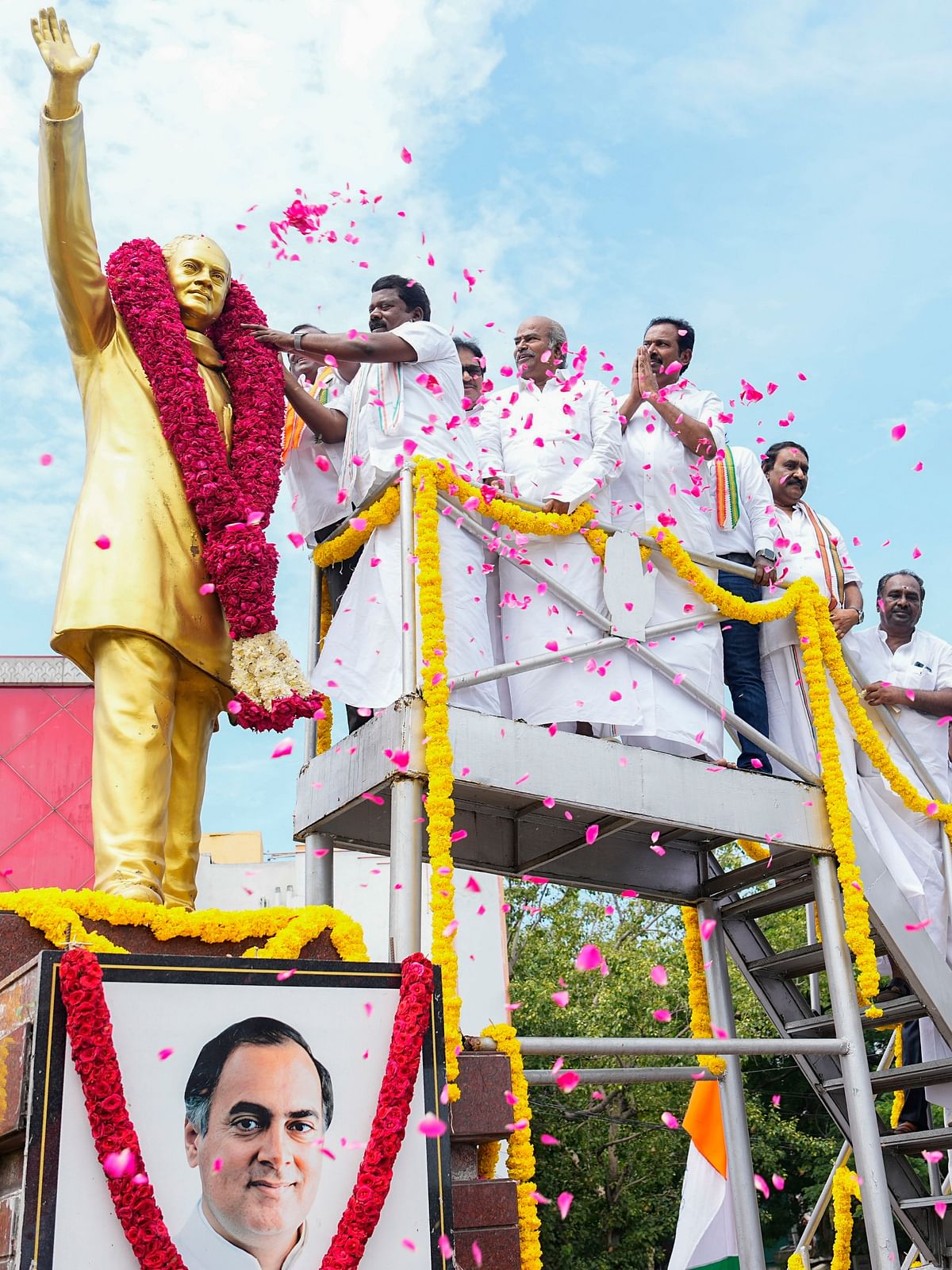 Tamil Nadu Congress leaders pay floral tributes to former prime minister Rajiv Gandhi on his birth anniversary, in Chennai.