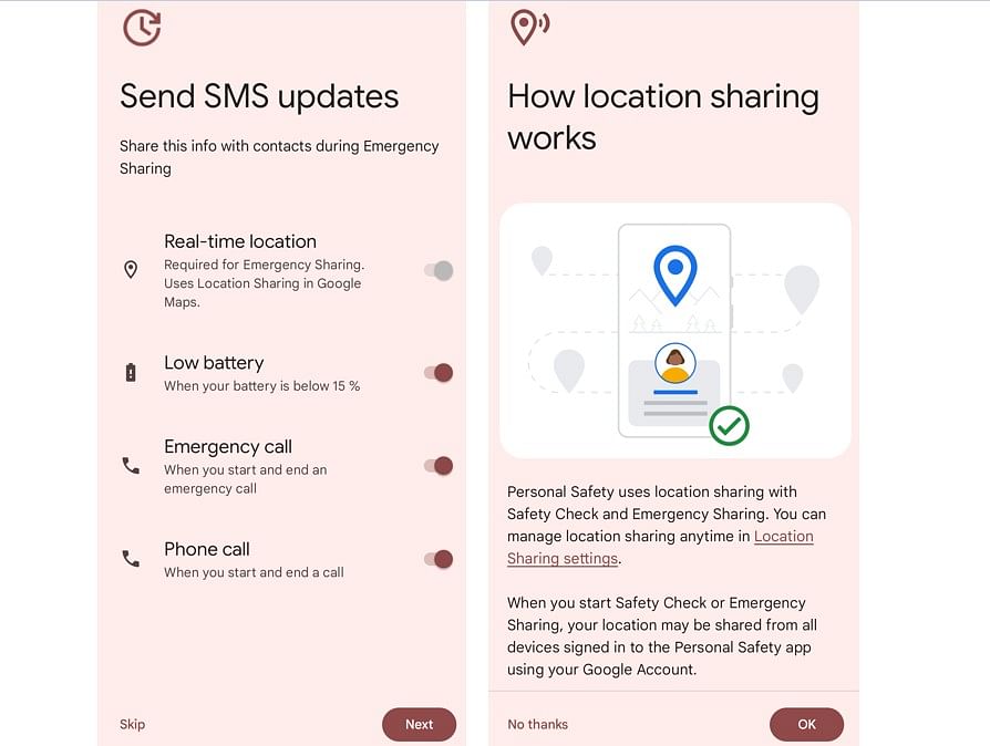 Steps to set up emergency location sharing on an Android phone.