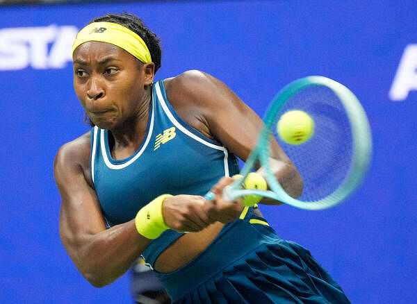 Coco Gauff (USA) hits to Tatjana Maria (GER) on day three of the 2024 U.S. Open tennis tournament at USTA Billie Jean King National Tennis Center.