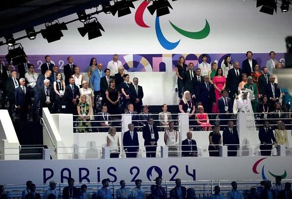 General view of French President Emmanuel Macron, Britain's Prime Minister Keir Starmer, International Olympic Committee President Thomas Bach and wife Claudia Bach during the opening ceremony.