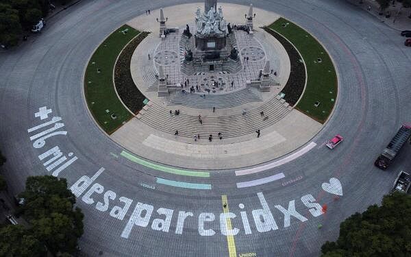 A drone view of a protest to mark the International Day of Victims of Enforced Disappearances, in Mexico City.