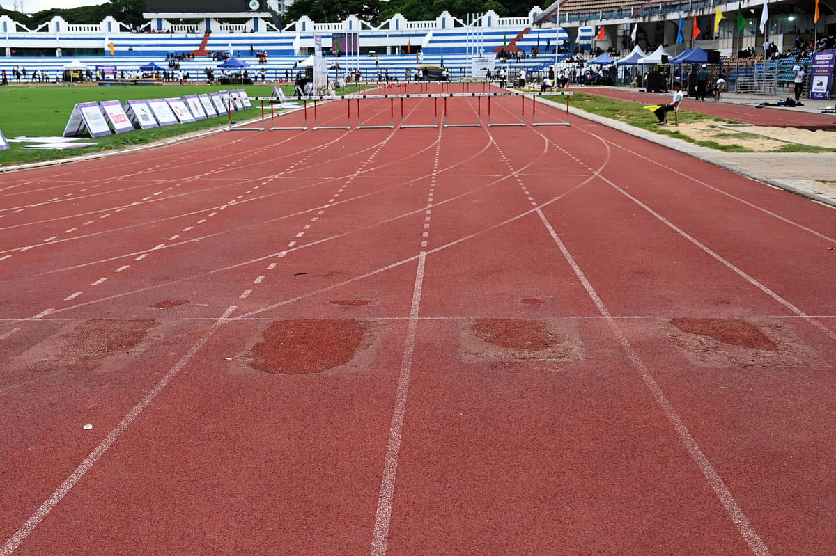 The patch work done to cover-up holes at the Sree Kanteerava stadium. 