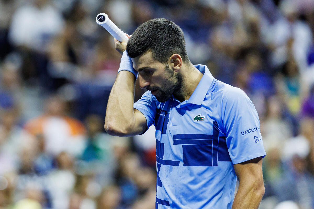 Novak Djokovic of Serbia looks dejected during his match against Alexie Popyrin of Australia on day five of the 2024 U.S. Open tennis tournament at the USTA Billie Jean King National Tennis Center.