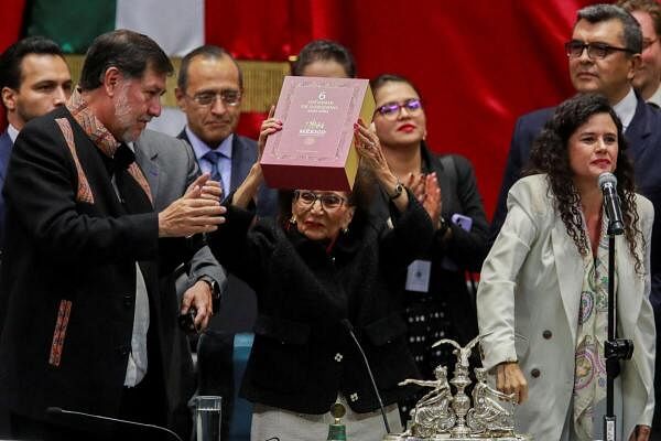 Mexico's Interior Minister Luisa Maria Alcalde Lujan delivers the sixth and final report of the mandate of Mexican President Andres Manuel Lopez Obrador, in Mexico City.