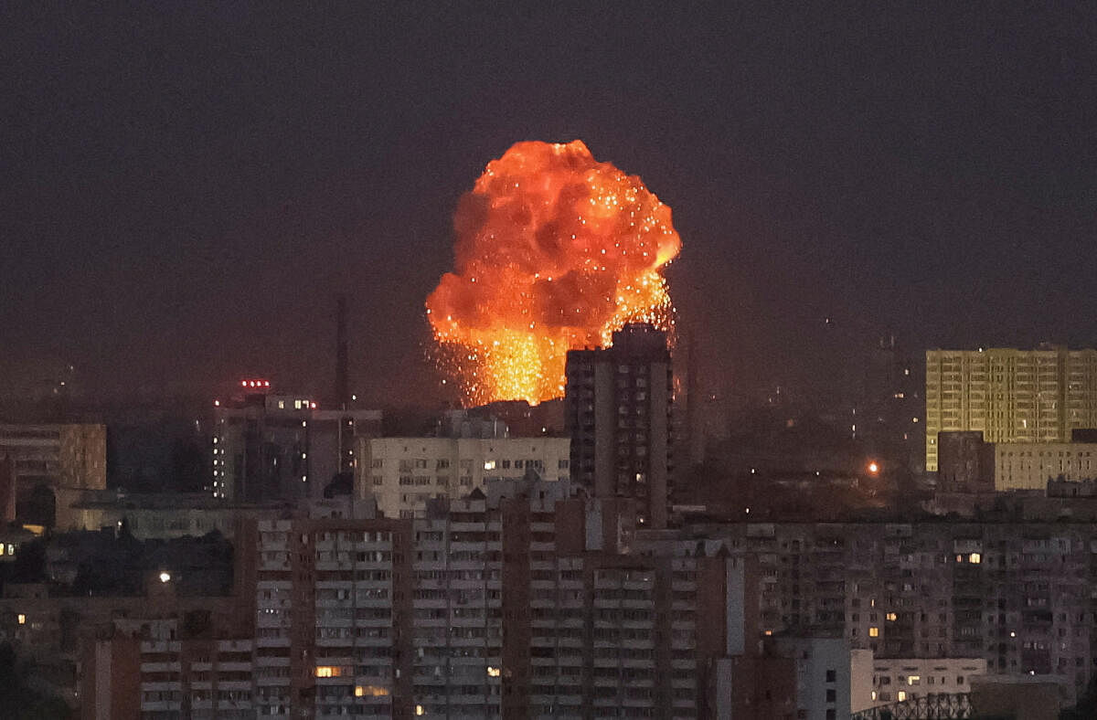 An explosion after a Russian missile strike is seen in the sky over the city during a Russian missile attack, amid Russia's attack on Ukraine, in Kyiv, Ukraine September 2, 2024