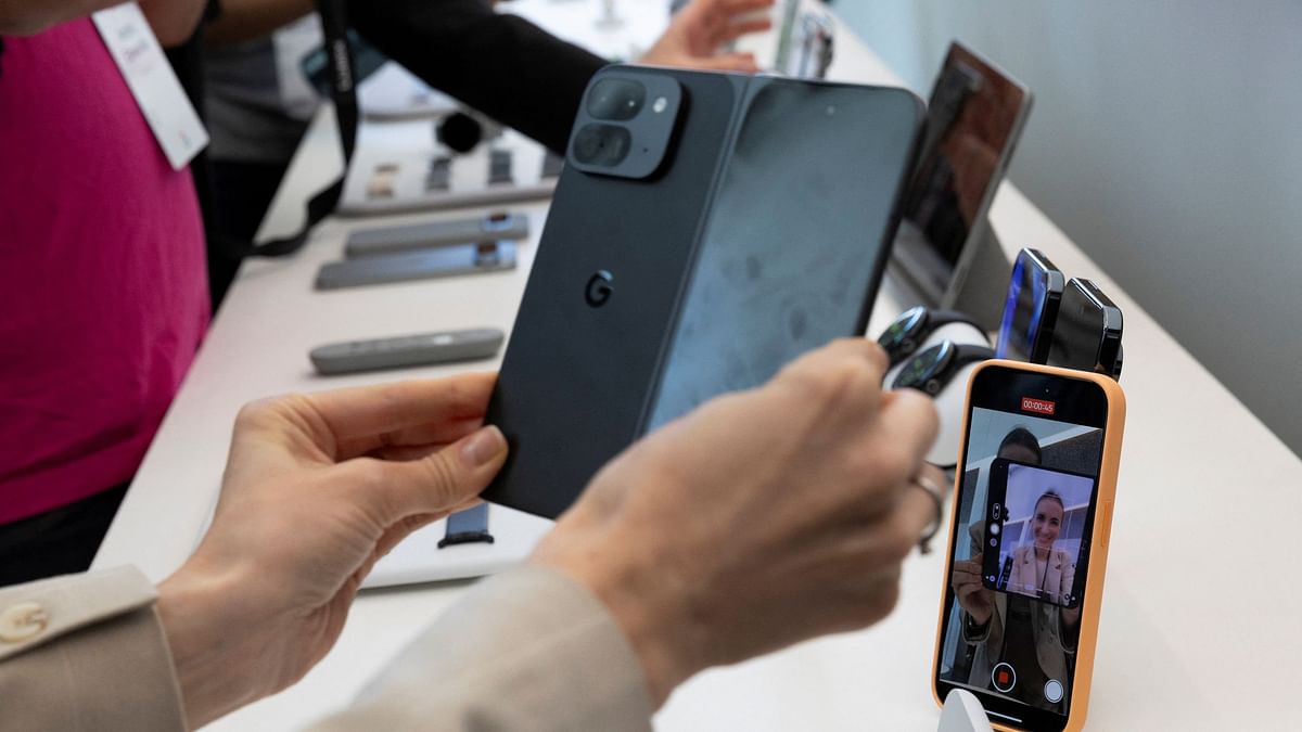 Google's new Pixel 9 Pro Fold smartphone put on display at a Made by Google event in Mountain View, California, U.S. 