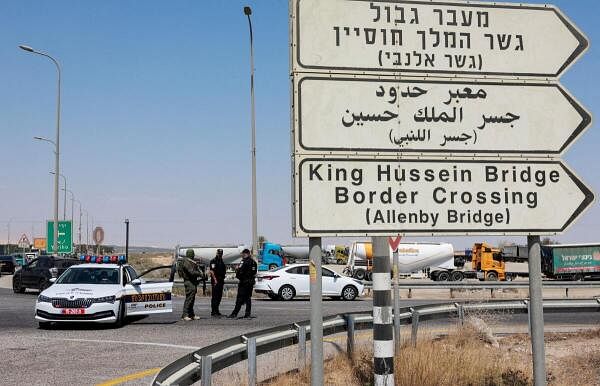 Israeli police patrol the area near Allenby Bridge Crossing between the West Bank and Jordan following a shooting incident at the crossing in the Israeli-occupied West Bank, September 8, 2024.