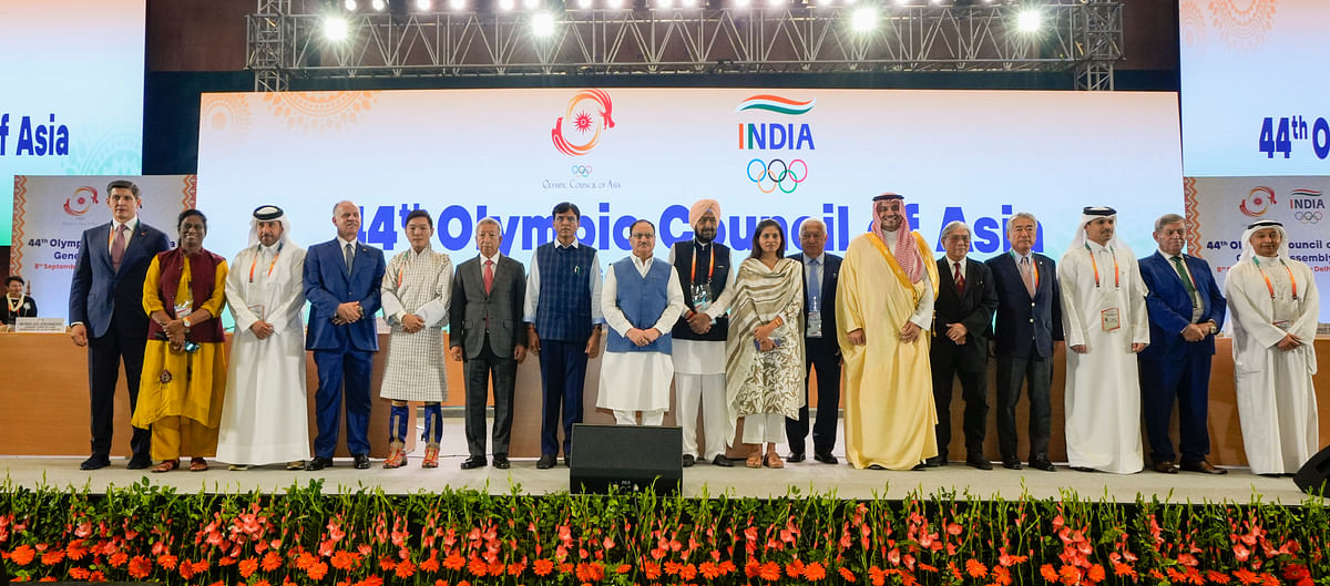 Union Minister J P Nadda, Sports Minister Mansukh Mandaviya, Randhir Singh and other delegates at the 44th Olympic Council of Asia (OCA) General Assembly, in New Delhi.