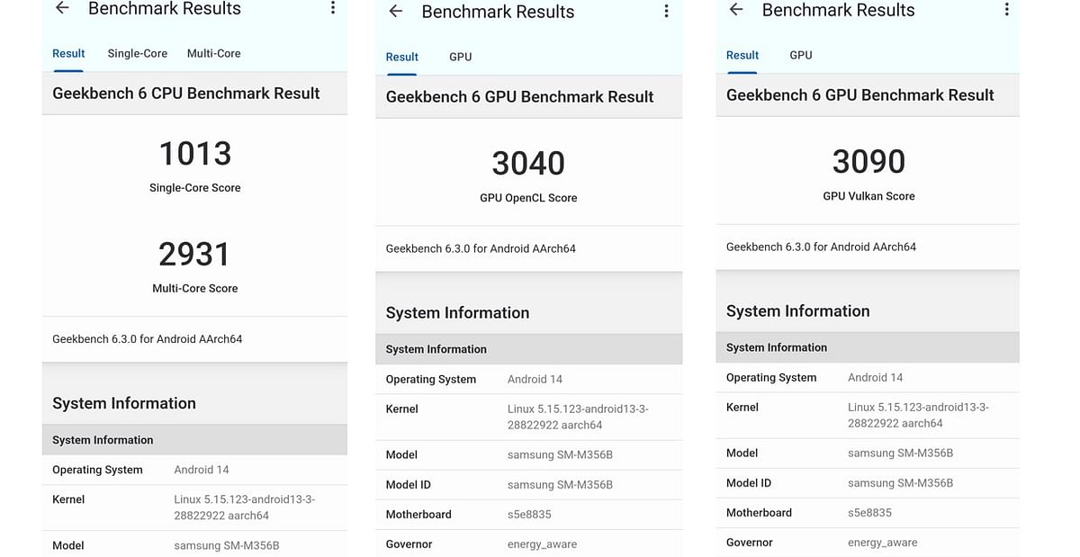 Samsung Galaxy M35 5G's single-core, multi-core CPU and GPU performance score on Geekbench 6.0.